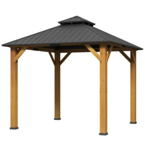 Outsunny 10'x10' Hardtop Metal Gazebo Canopy with 2-Tier Roof and Solid Wood Frame - Grey