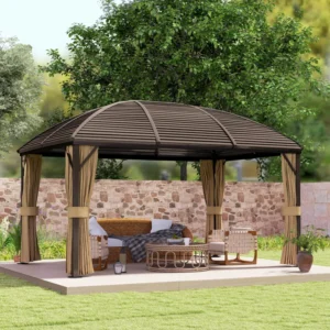 Outsunny 10'x13' Aluminium  Hardtop Gazebo Canopy with Curved Metal Roof - Brown