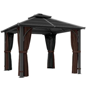 Outsunny 10'x 10' Hardtop Metal Gazebo Canopy with Double Tier Roof - Brown