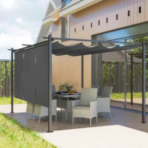 OutSunny 13’x10′ Metal Aluminium Pergola with Retractable Roof and Wall - Grey