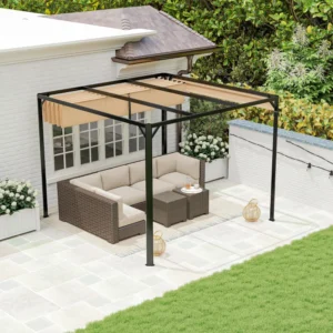 OutSunny 10’x10′ Metal Aluminium Pergola with Retractable Roof and Wall - Khaki