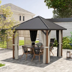 Outsunny 10'x 10' Hardtop  Metal Gazebo with Galvanised Steel Roof - Walnut Wood Look Finish