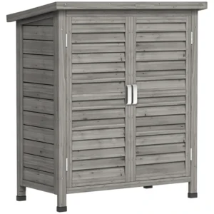 Outsunny 1.5' x 2.8' Fir Timber Slatted Door Garden Storage Cabinet- Grey
