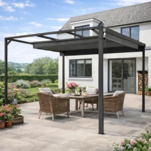 OutSunny 10’x10′ Metal Aluminium Pergola with Retractable Roof and Wall - Dark Grey