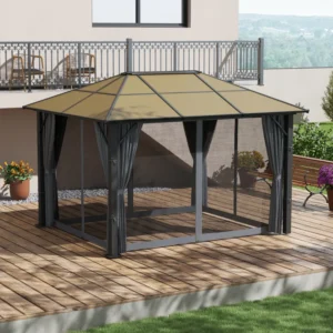 Outsunny 12x10 Aluminium Hardtop Brown Polycarbonate Gazebo with Mesh and Curtains - Dark Grey