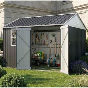 Pro-Tect 10'x10' Double Hinged Metal Apex Shed with Window - Anthracite Grey and White