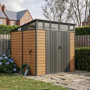 Living and Home 8x7 Metal Pent Shed with Skylight - Wood Grain Yellow and Black (Coming Soon)