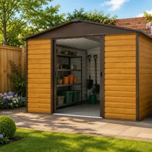 Yardmaster 10′ x 12′ Apex Metal Shed – Teak Wood