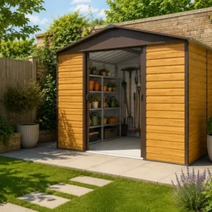 Yardmaster 10′ x 8′ Apex Metal Shed – Teakwood