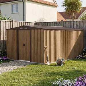 Living and Home 10x12 Metal Apex Storage Shed with Foundation Grid - Brown