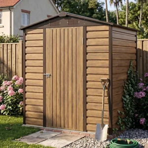 Living and Home 6x4 Single Hinged Metal Apex Shed - Wood Grain Brown