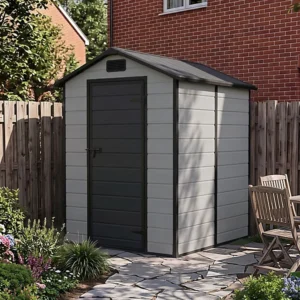 Living and Home 4x6 Plastic Shed Outdoor Garden Storage Shed - Smokey Grey Wood Grain and Black