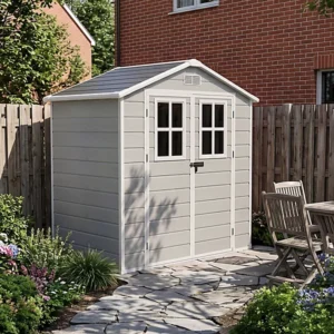 Living and Home 6x4 Plastic Apex Shed With Window Doors -  Smokey Grey Wood Grain