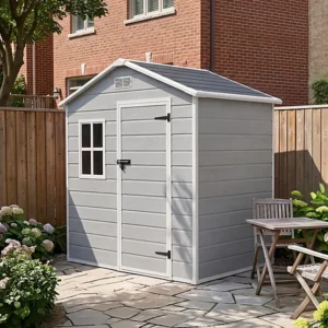 Living and Home 6x4 Plastic Apex Shed With Front Window -  Smokey Grey Wood Grain