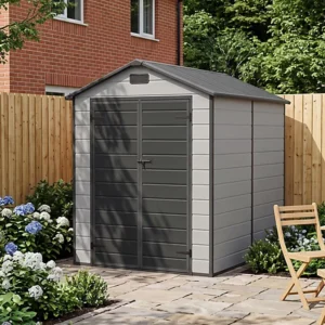 Living and Home 6x8 Plastic Apex Shed -  Smokey Grey Wood Grain and Black