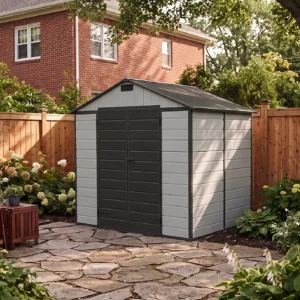 Living and Home 7.5x6 Apex Plastic Shed - Smokey Grey Wood Grain and Black