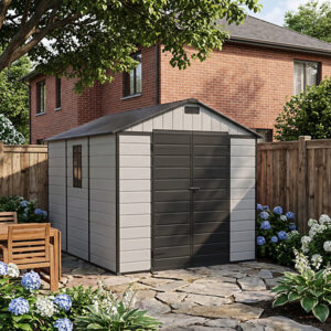 Living and Home 8x10 Plastic Apex Shed - Smokey Grey Wood Grain and Black