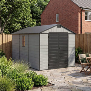 Living and Home 8x12 Plastic Apex Shed - Smoky Grey Wood Grain and Black