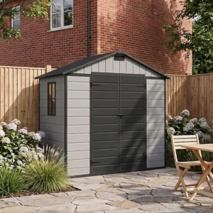 Living and Home 8x4 Plastic Apex Shed - Smokey Grey Wood Grain and Black