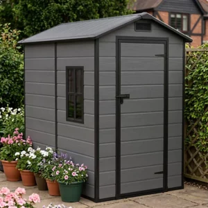 Living and Home 4x6  Plastic Shed Outdoor Garden Storage Shed - Dark Grey Wood Grain and Black