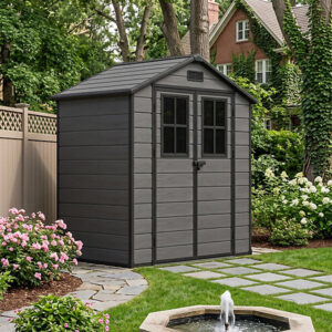 Living and Home 6x4 Plastic Apex Shed With Window Doors -  Dark Grey Wood Grain and Black