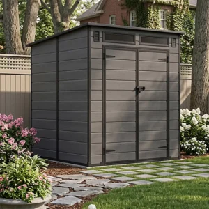 Living and Home 6x6 Plastic Pent Shed with Front Skylight – Dark Grey Wood Grain