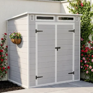 Living and Home 6x4 Plastic Pent Shed with Front Skylight - Smokey Grey Wood Grain