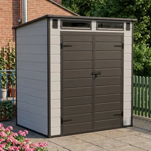 Living and Home 6x4 Plastic Pent Shed with Front Skylight - Smokey Grey Wood Grain and Black