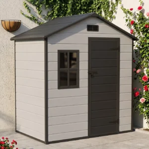 Living and Home 6x4 Plastic Apex Shed With Front Window -  Smokey Grey Wood Grain and Black