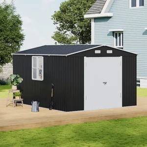 Living and Home 10x12 Metal Double Hinged Apex Storage Shed - Anthracite and White