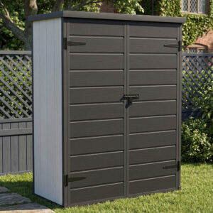 Living and Home 4.5' x 2'  Plastic Double Door Pent Shed - Smokey Grey Wood Grain and Black