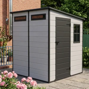 Living and Home 6x6 Plastic Pent Shed - Smokey Grey Wood Grain and Black