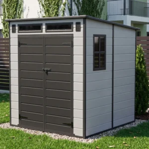 Living and Home 6x6 Plastic Pent Shed with Front Skylight - Smokey Grey Wood Grain and Black