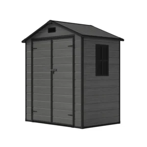 Living and Home 6x4 Plastic Storage Shed with Integral Floor- Dark Grey Wood Grain and Black