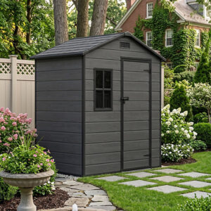Living and Home 6x4 Plastic Apex Shed With Front Window -  Dark Grey Wood Grain