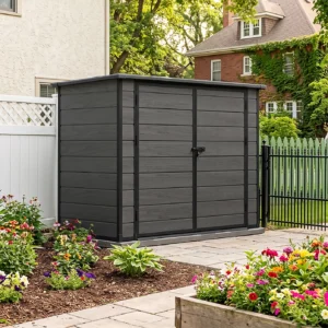 Living and Home 7x4 Plastic Pent Bicycle Storage Shed - Dark Grey Wood Grain