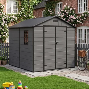 Living and Home 7.5x8 Apex Plastic Shed - Dark Grey Wood Grain