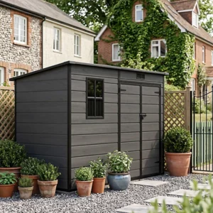 Living and Home 8x4 Plastic Pent Shed with Additional Side Door - Dark Grey Wood Grain