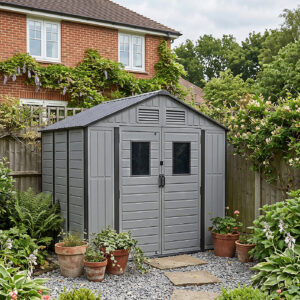 Living and Home 8x6 Plastic Apex Double Doors Shed - Dark Grey and Black