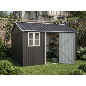 Pro-Tect 10'x12' Double Hinged Metal Apex Shed with Window -  Anthracite Grey and White