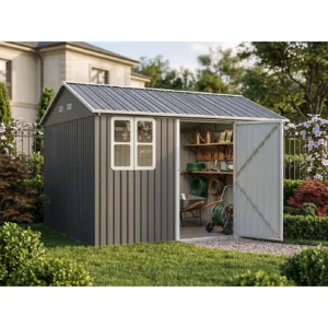 Pro-Tect 10'x12' Double Hinged Metal Apex Shed with Window -  Grey and White